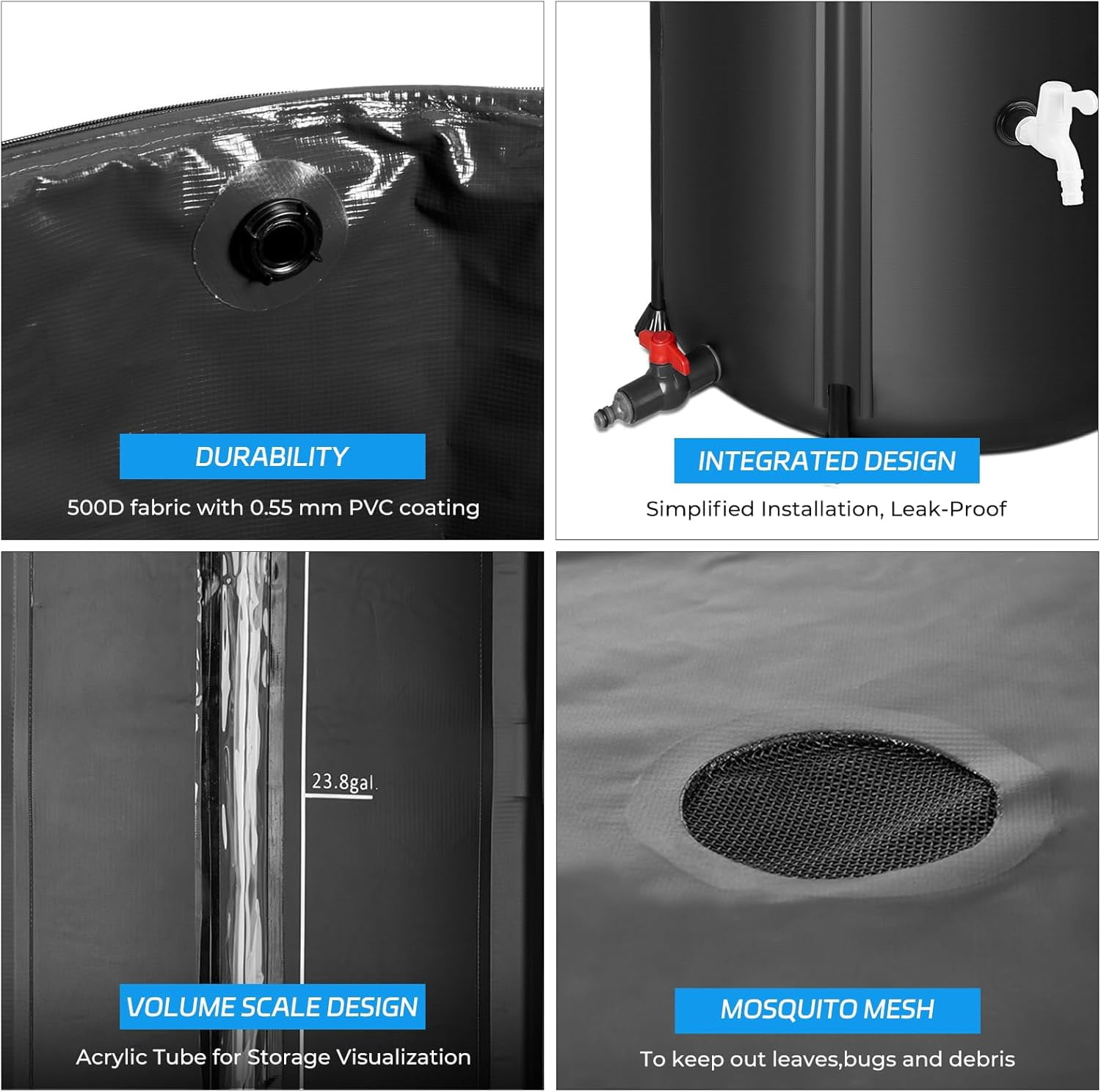 66 Gallon Rain  with Filter, Two Spigots, Overflow Kit - Portable Water Storage for Garden and Car Washing