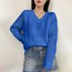 thumbnail image 4 of Suéter de cuello en V para mujer, moda informal de invierno, ocio, ahuecado, manga larga, gancho, suelto, cuello en V, suéter de punto, blusa de poliéster para mujer, 4 of 9