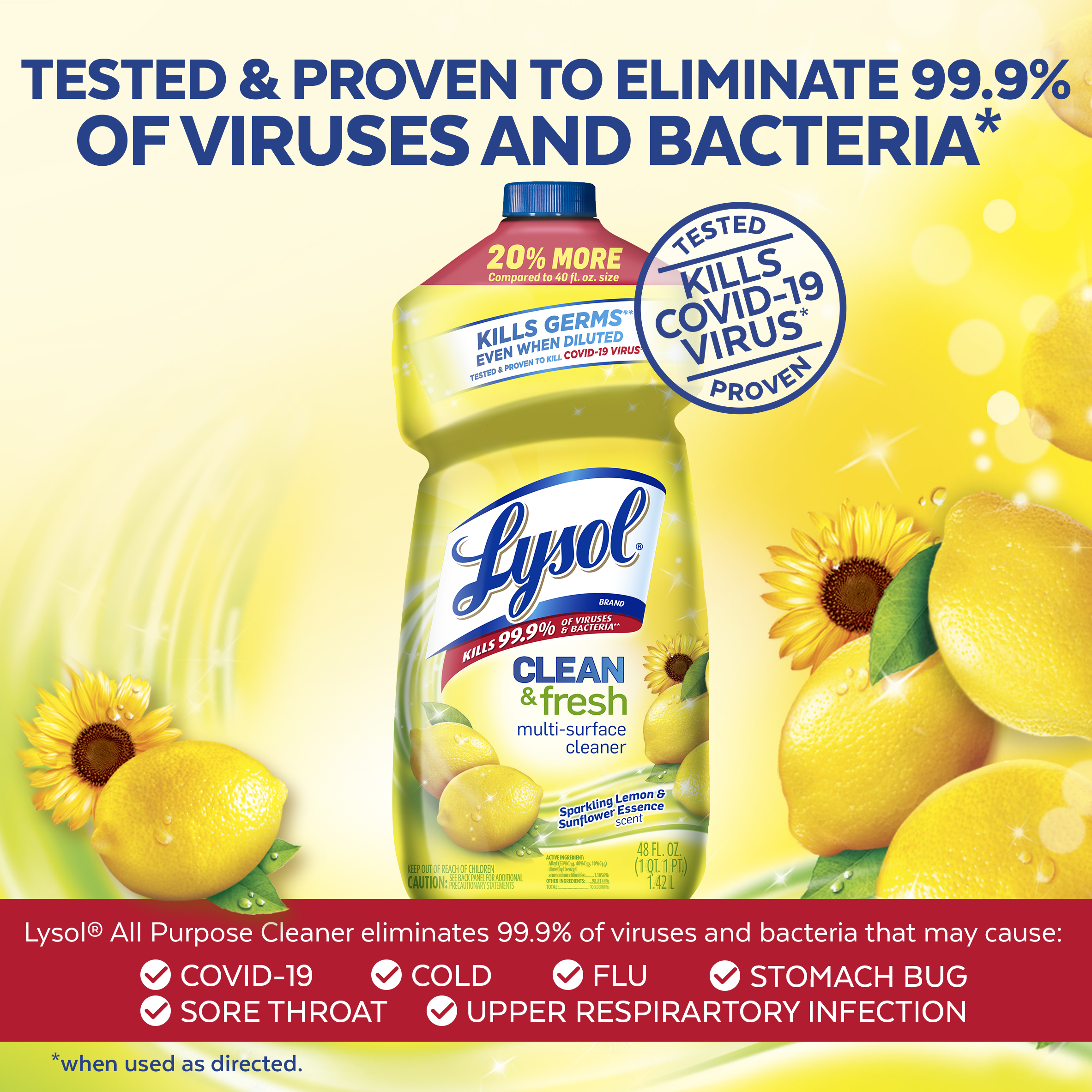 Lysol Multi-Surface Cleaner, Sanitizing and Disinfecting Pour, to Clean and Deodorize, Sparkling Lemon & Sunflower Essence, 48oz - image 3 of 6