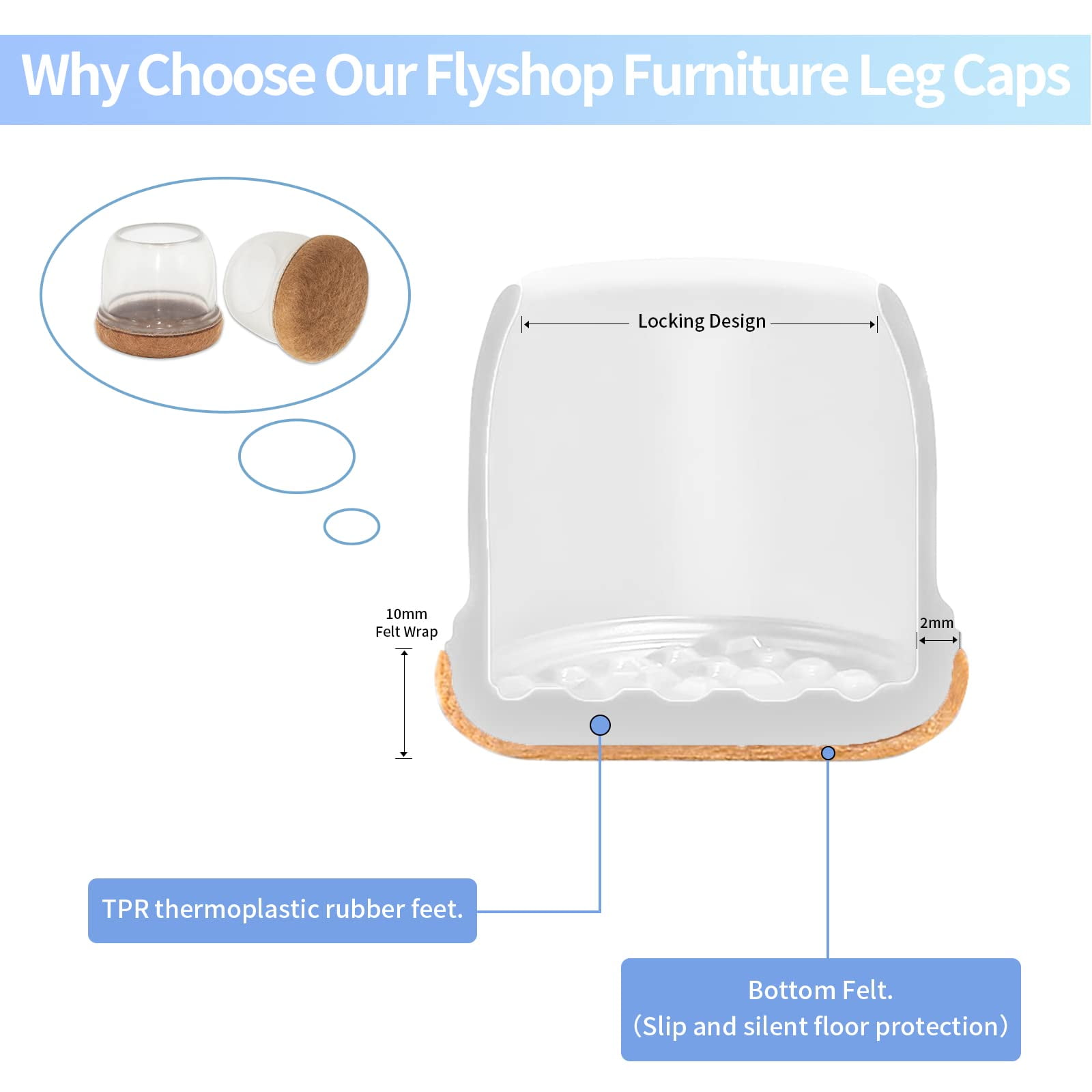 Flyshop 8PCS Round Chair Leg Caps with Felt Pads Durable Floor Protectors for Hardwood Floor Prevent Scratches Reduce Noise Foot Cap, Transparent Protective Caps, 19 to 25 mm