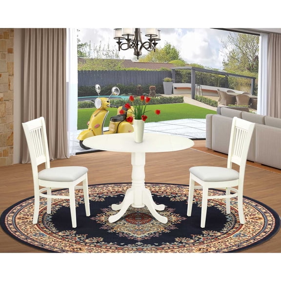 East West Furniture - DLVA3-LWH-C - 3-Piece Dinette Set- 2 Mid Century Dining Chairs with Wooden Linen Fabric and Slatted Chair Back - Drop Leaves Wooden Dining Table - Linen White Finish