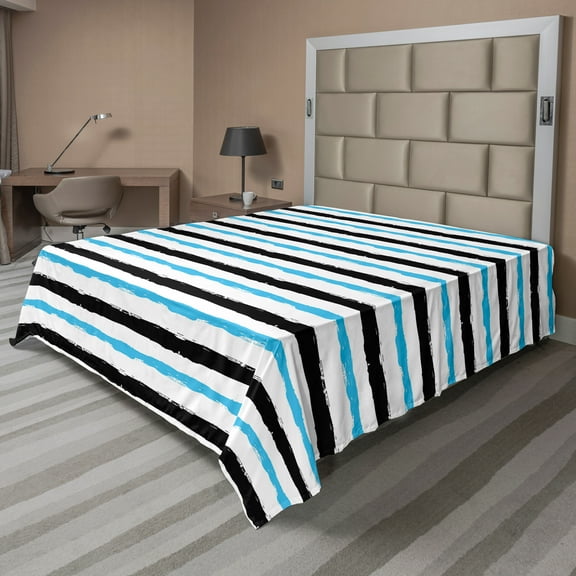 Ambesonne Abstract Flat Sheet, Color Bands Stripes, Queen Size, Aqua Black White