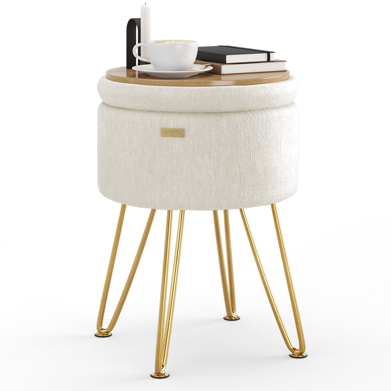 LammaLoe Small Round Ottoman with Storage, Textured Velvet Ottoman Foot Stool with Lid, Upholstered Vanity Stool for Living Room & Bedroom, Cream
