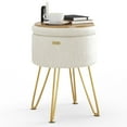 thumbnail image 6 of LammaLoe Small Round Ottoman with Storage, Textured Velvet Ottoman Foot Stool with Lid, Upholstered Vanity Stool for Living Room & Bedroom, Cream, 6 of 8