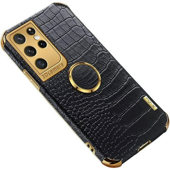 Luxury Trend Crocodile Pattern TPU Phone case with Metal Ring Bracket for Samsung Galaxy S23 S22 S21 S20 Ultra Plus FE Shell Edge Reinforced Shockproof Protective Back Cover(Black,S23 Ultra)