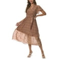 thumbnail image 4 of Aiyino Women Summer Bohemian Floral Casual Wrap V Neck Ruffle Cap Sleeveless Belt A-Line Pleated Hem Swing Midi Sun Dress，Coffee, 4 of 9