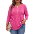 thumbnail image 2 of WellSize 3/4 Sleeve Plus Size Womens Blouses Casual Floral Pleats Tops Summer Crewneck Shirts Tunic Curved Hem Blouses, 2 of 7