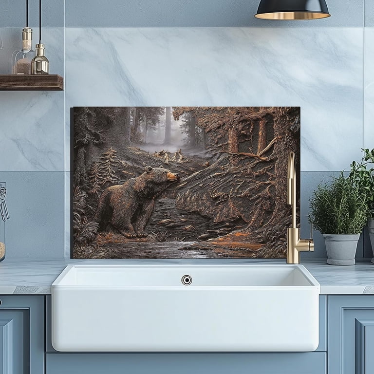 Evgosm Brown bear Tempered Glass Kitchen Backsplash, Easy-to-Clean ...