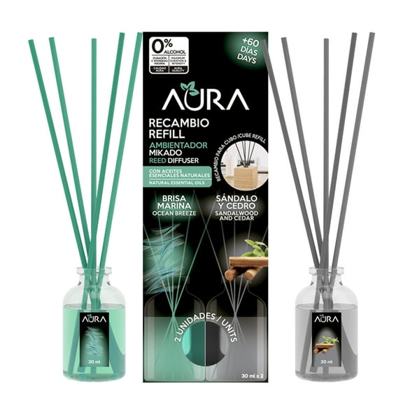 Aromatizante ambiental Aura refil brisa marina y sándalo y cedro 30 ml c/u