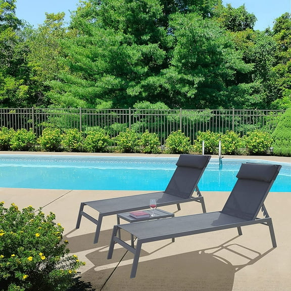 Domi 3 Pieces Adjustable Chaise Lounge Set Outdoor Patio Lounge Chair All Weather Five-Position Recliner Chair Set w/Coffee Table for Patio, Pool, Yard (Grey)