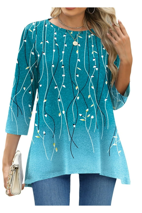 Plus Size Women Tunic Tops 3/4 Sleeve Dressy Casual Blouses Loose Flowy Floral Shirts