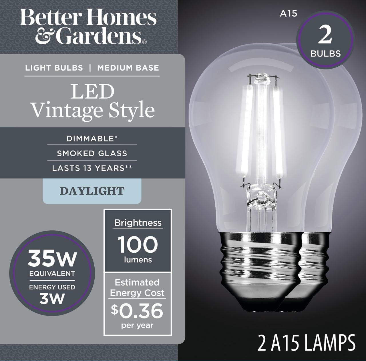 (2 pack) Better Homes & Gardens A15 Vintage LED Light Bulb, Smokey, 3 Watts Efficient, 5000k, E26, Dim, 2 Pk