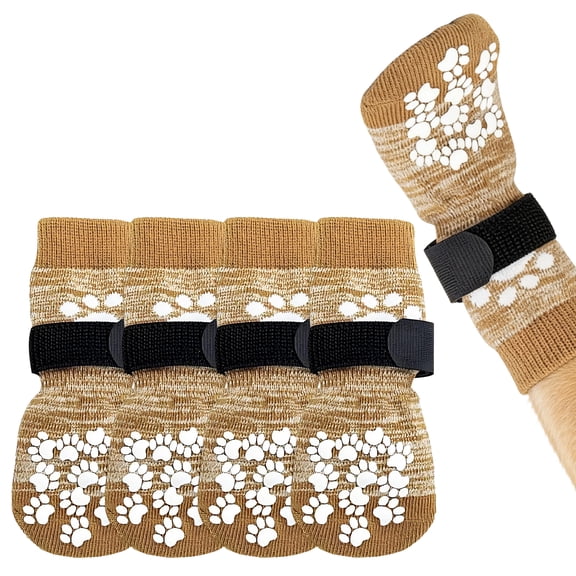 GASTROPOD 4Pcs Socks with Grippers for Samll Dog,Anti-Slip Rubber Sole with Adjustable Strap Dog Socks,Cute Dog Paw Design High-Stretch Cuff for Easy on & Off Paw Socks for Slippery Floors,S,Khaki
