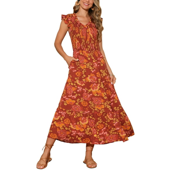 INSPIRAR CHIC Vestidos de Verano para Mujeres Casual con Mangas Cortas en V Cuello Fruncido Floral con Volantes y Capas Fluidas Vestido Maxi de Playa M Rojo Ladrillo