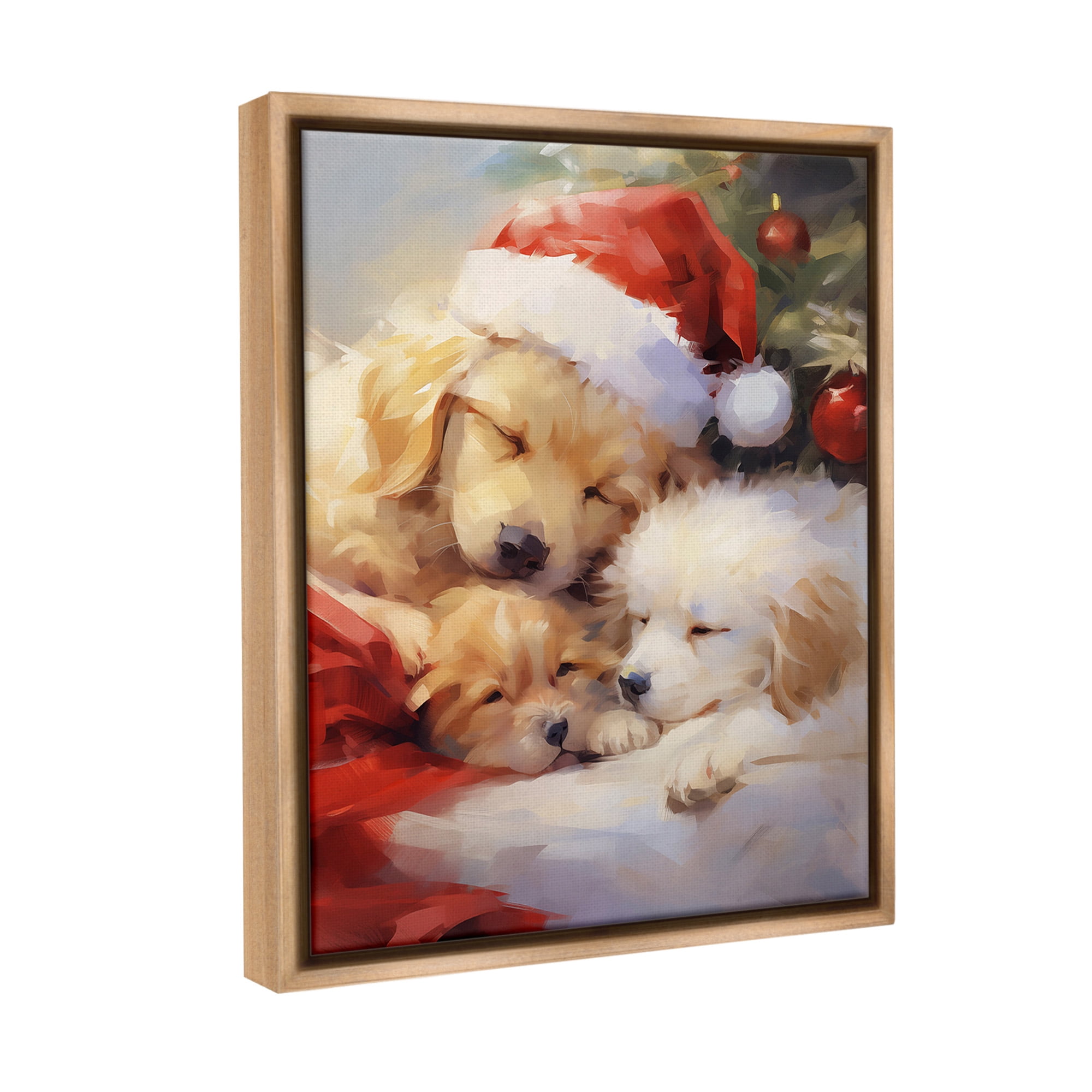 Stupell Industries Christmas Puppies by Tree Holiday Painting Brown Floater Framed Canvas Art Print Wall Art, 25 x 31