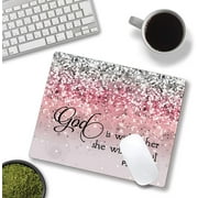 Mouse Pad, Psalm 46:5 God is Within Her, She Will not Fall - Bible Verse Pink Glitter Pattern Mouse Pad for Women, Square Waterproof Non-Slip Rubber Base Mousepad for Office Laptop