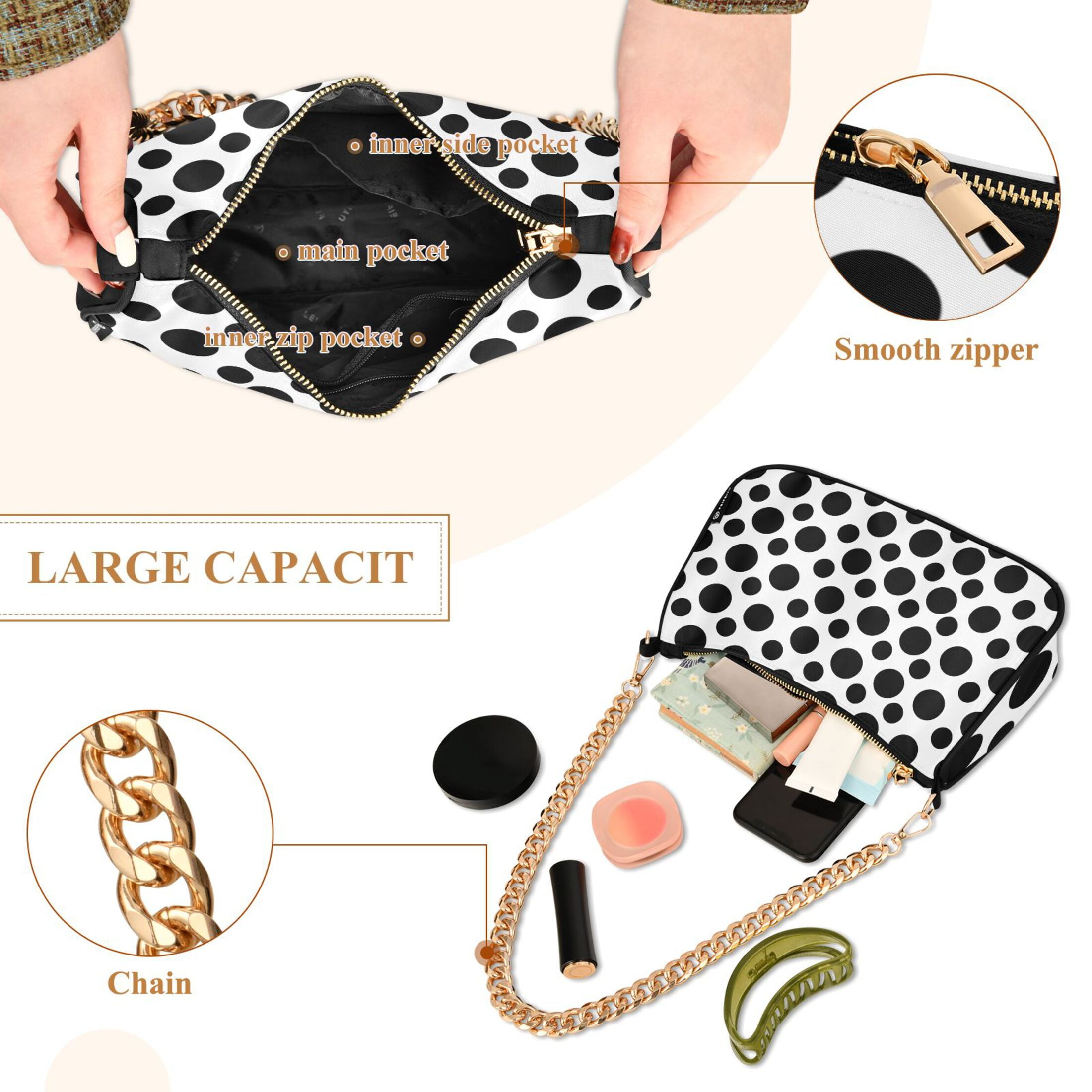 Womens Chain Shoulder Bag Black Polka Dots on White Classic Tote Handbags Fashion Clutch Hobo Purse with Zipper for Travel Casual