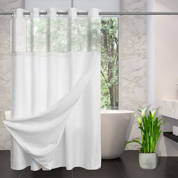 No Hooks Required Waffle Weave Shower Curtain with Snap in Liner-Mesh Top Window Hotel Grade Spa Waterproof 71"x74L" White