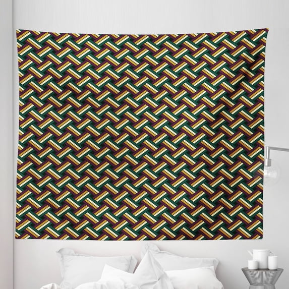 Vintage Orange Tapestry, Colorful Stripes Cage Grid Look Vintage Continuous Pattern, Fabric Wall Hanging Decor for Bedroom Living Room Dorm, 5 Sizes, Hunter Green Cream and Amber, by Ambesonne