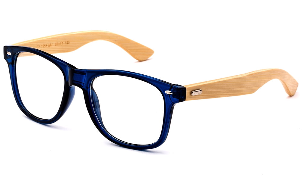 Real Bamboo Temple Squared Retro Frame Nerdy Clear Lens Glasses Blue Red Brown 