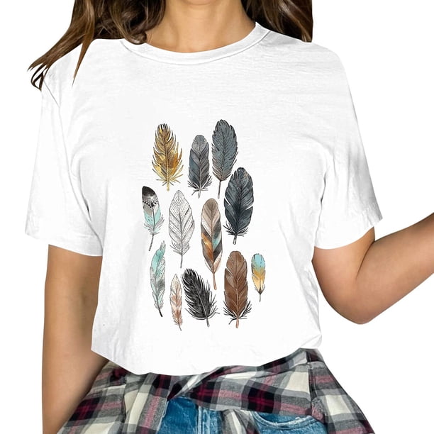 Blusas de Primavera para las Mujeres Crewneck Pluma Impresión Camiseta 95% Poliéster 5% Spandex, Moda Cómodo Top para las Mujeres de Uso Diario Y de Fiesta