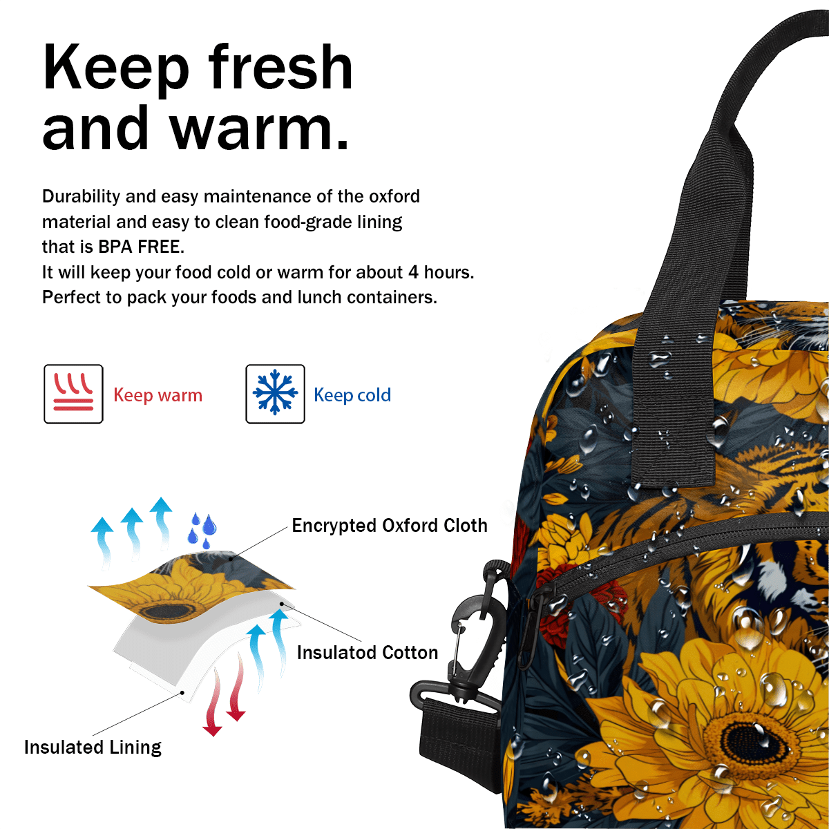 Herdesigns Tiger Insulated Lunch Bag for Women Men Adults Large Reusable Lunch Box Animal Safari Leakproof Cooler Tote Bags with Adjustable Shoulder Strap
