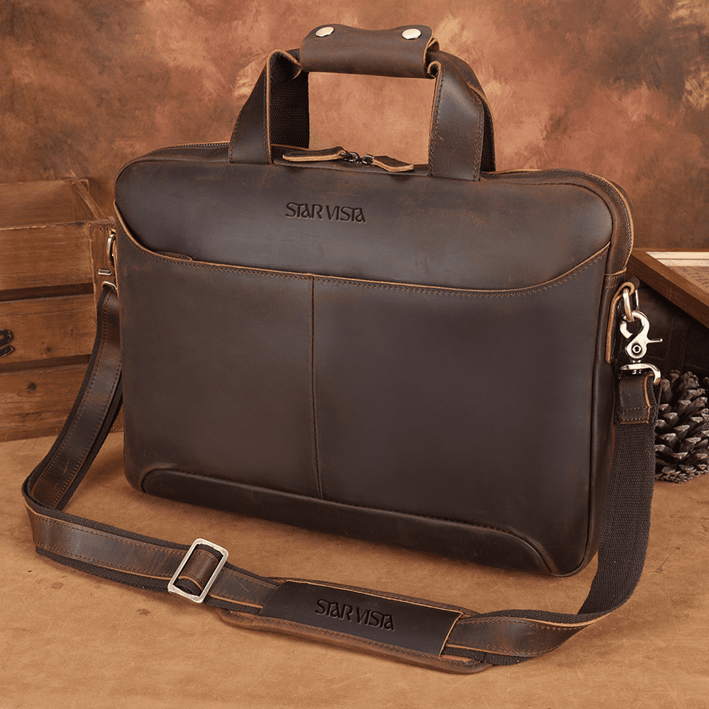 STAR VISTA Vittorio Slim Laptop Messenger Bag, Full Grain Leather Briefcase for Men, Dark Brown, Fits 15.6" Laptop, YKK Zippers, Brass Hardware