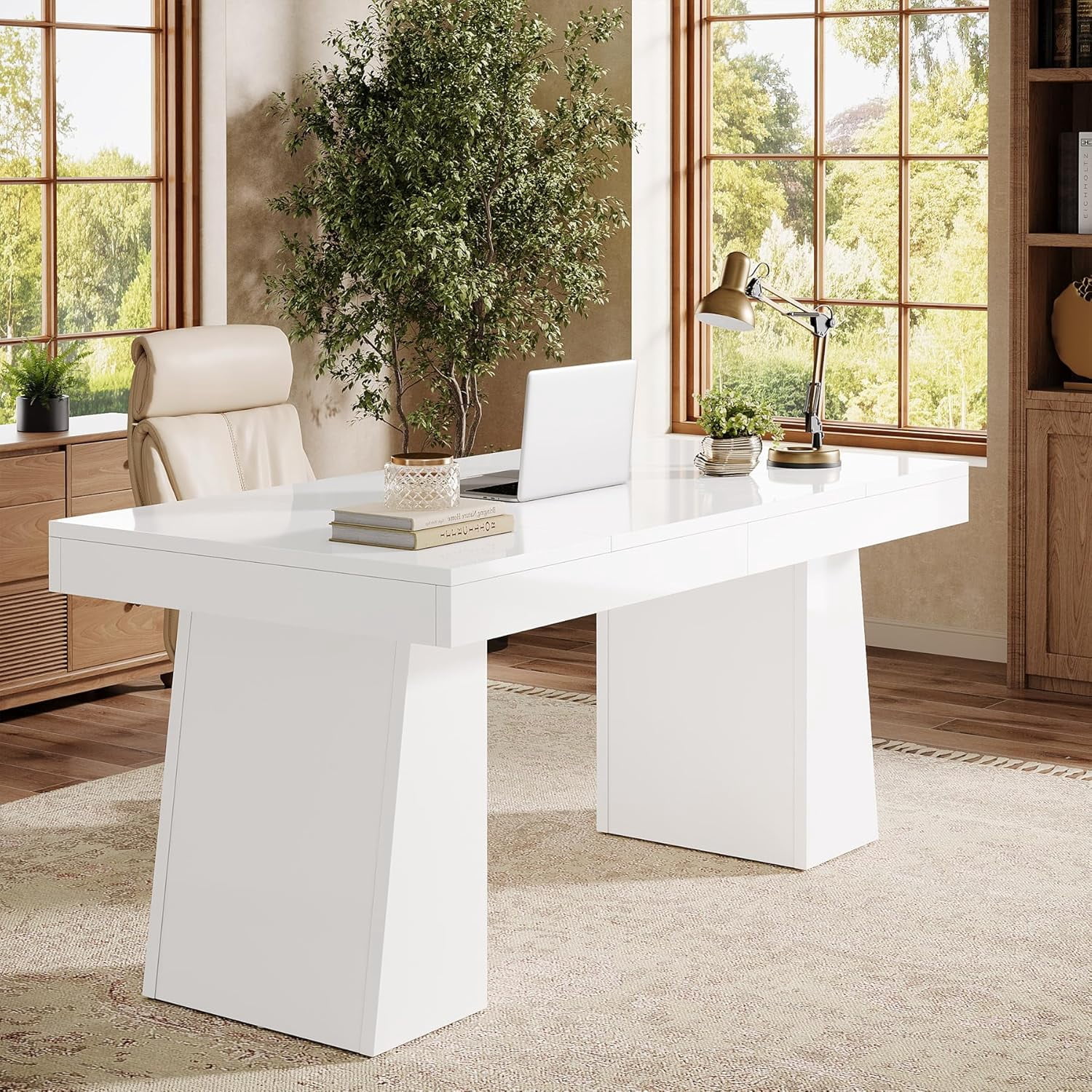 Tribesigns 55" Executive Desk, Mid-Century Home Office Desk with Double Trapezoid Base, Versatile Workstation Desk or Small Conference Table, White