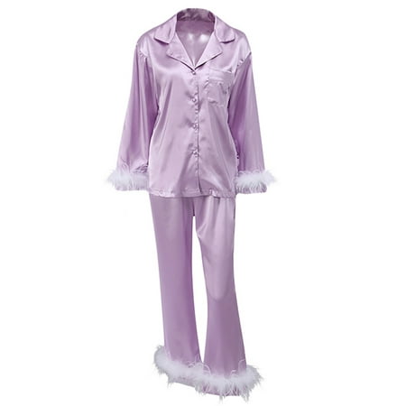 

Peyakidsaa Women Long Sleeve Feather Trim Sleepsuit Pajamas Set 2-Piece S M L XL