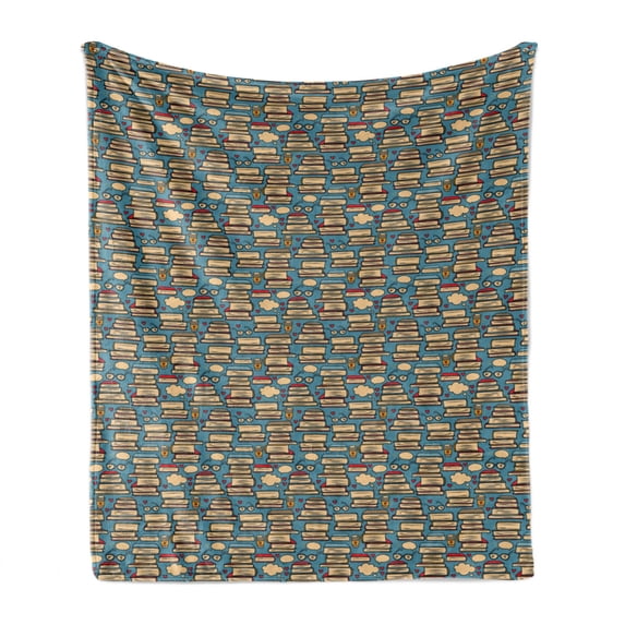Geek Soft Flannel Fleece Throw Blanket, Repeating Pattern with Stack of Books Combined with Hearts Coffee and Nerd Glasses, Cozy Plush for Indoor and Outdoor Use, 50" x 70", Multicolor, by Ambesonne