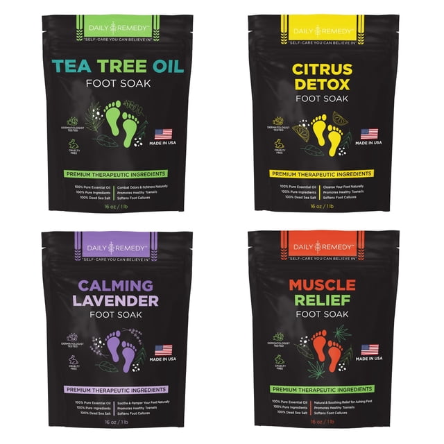 DAILY REMEDY Sales para remojo de pies, paquete variado de 4, aceite de árbol de té, alivio muscular, remojo calmante de lavanda y cítricos, para el dolor de pies, atletas, olores de pies, callos, fab