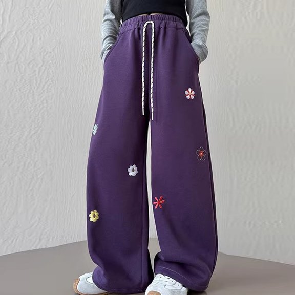 FSYBOA Girls Wide Leg Sweatpants Size 14-16,Drawstring Waist Relaxed Fit Fashion Open Bottom Fall Pants Purple