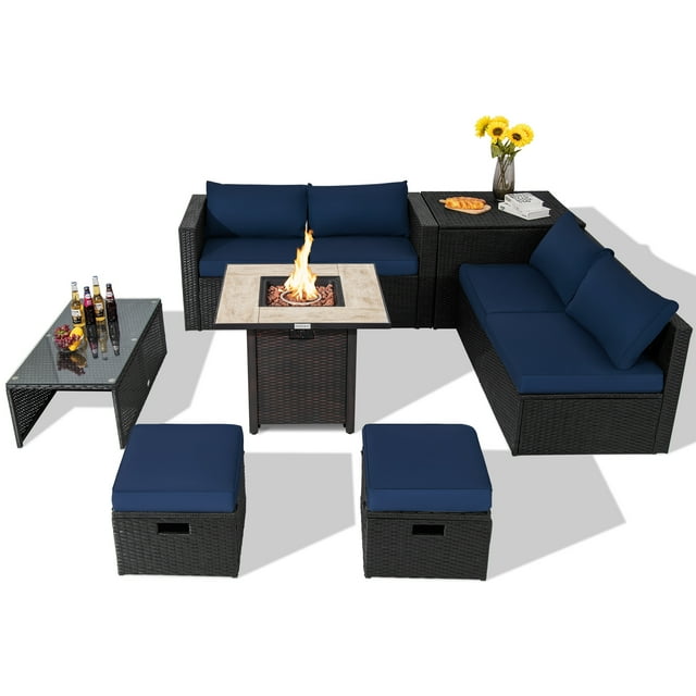 Topbuy 9 Pieces Outdoor PE Rattan Wicker Sectional Sofa with 42" Gas Fire Pit Table Space-Saving Patio Conversation Set with Storage Box Navy