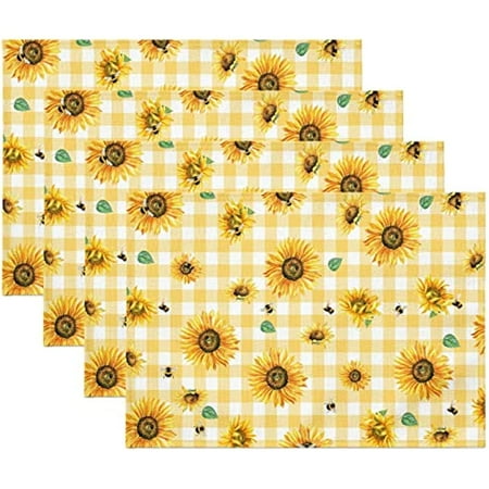 

Placemats Set of 4 Sunflower Summer Fall Non Slip Heat Resistant Linen Fabric Cotton Cloth Place Mats Yellow Square Buffalo Plaid Washable Dining Table Mat for Rustic Farmhouse Home Kitchen Decor