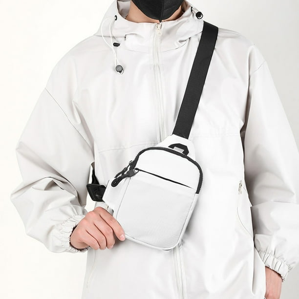 Bolso Pequeño Cruzado, Riñonera, Bandolera, Funda de Viaje Ligera con Orificio para Auriculares, 22 x 14 x 3 cm, Nylon Gris y Blanco, para Uso Diario