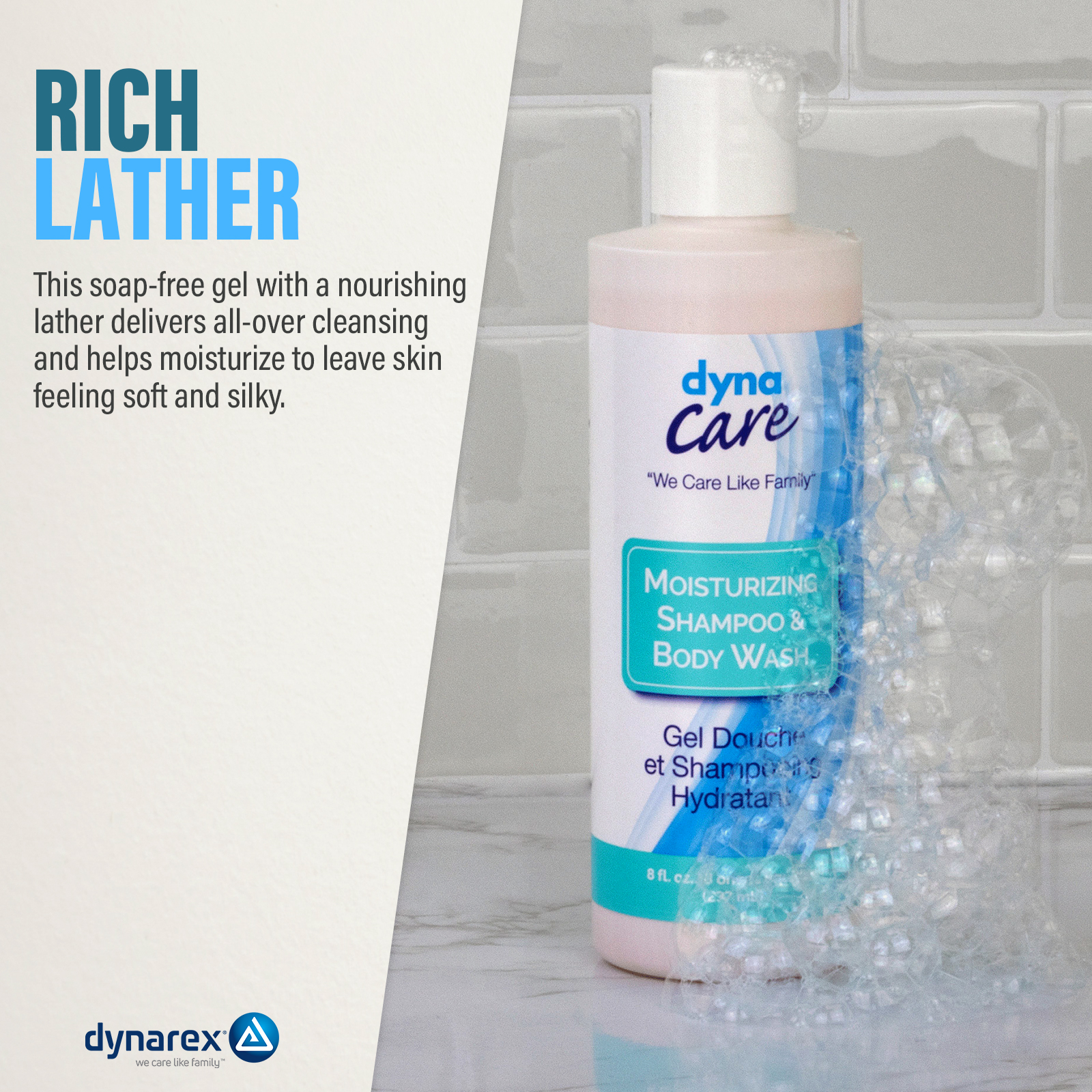 Dynarex Shampoo and Body Wash - Moisturizing All-in-One Cleanser for Skin & Hair - Mild Formula for Sensitive Skin - Tropical Scent - 8oz, 48 Bottles per Case