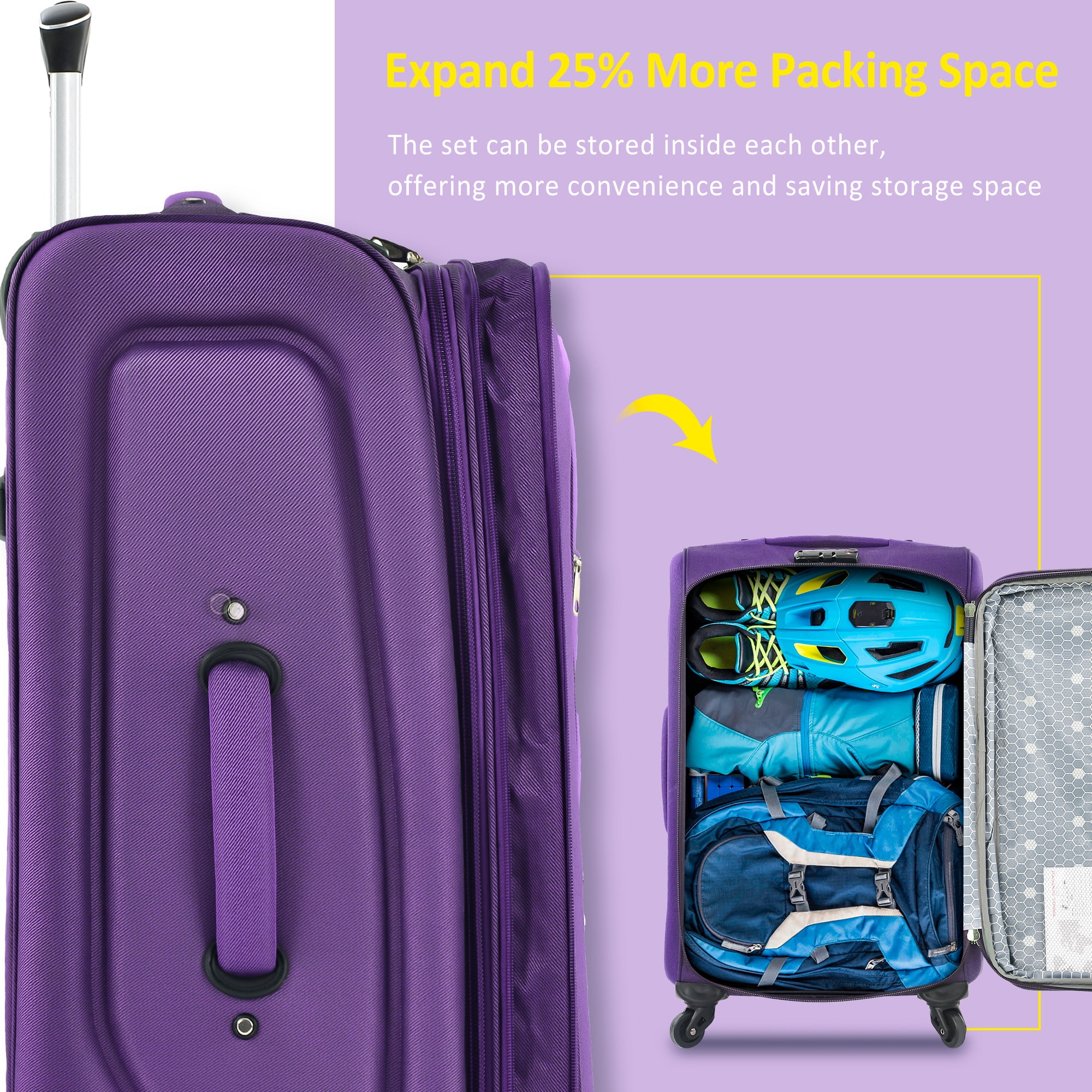 EUROCO 3 Piece Softside Luggage Set,Expandable Suitcase Set with TSA Lock and Spinner Wheels,Lightweight Suitcase for Men Women(20",24",28"),Purple