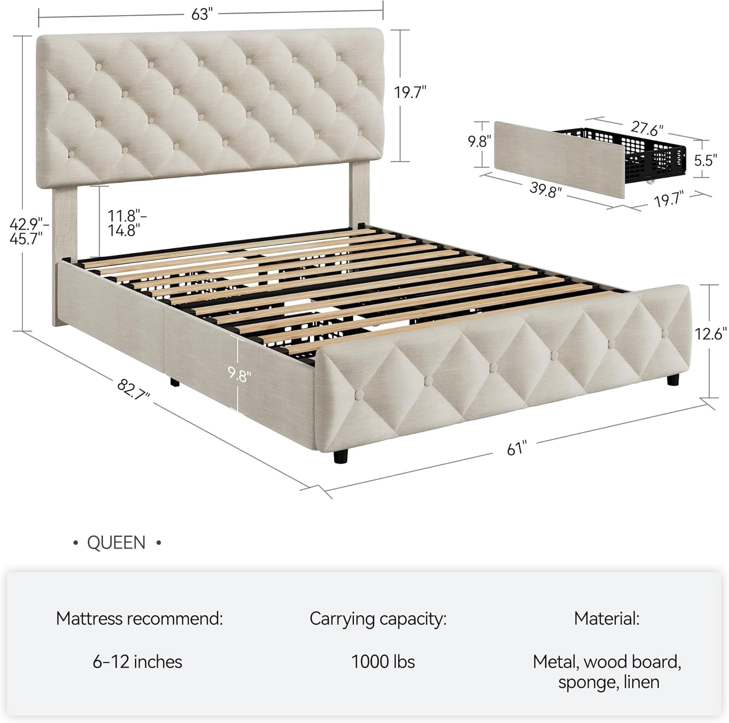 GARVEE Queen Bed Frame, with 4 Storage Drawers & Adjustable Headboard, White