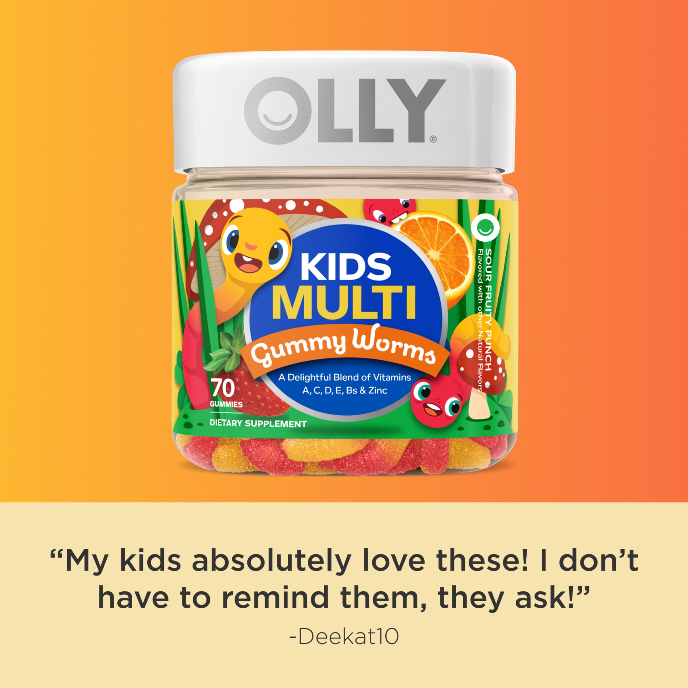 OLLY Kids Multivitamin Gummy Worm Supplement for Kids, Vitamins A, C, D & Zinc, 70 Count