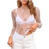 BSDJILFG Women s Lace Tops Sexy Embroidery Mesh Sheer High Neck T-shirt Lingerie Nightwear