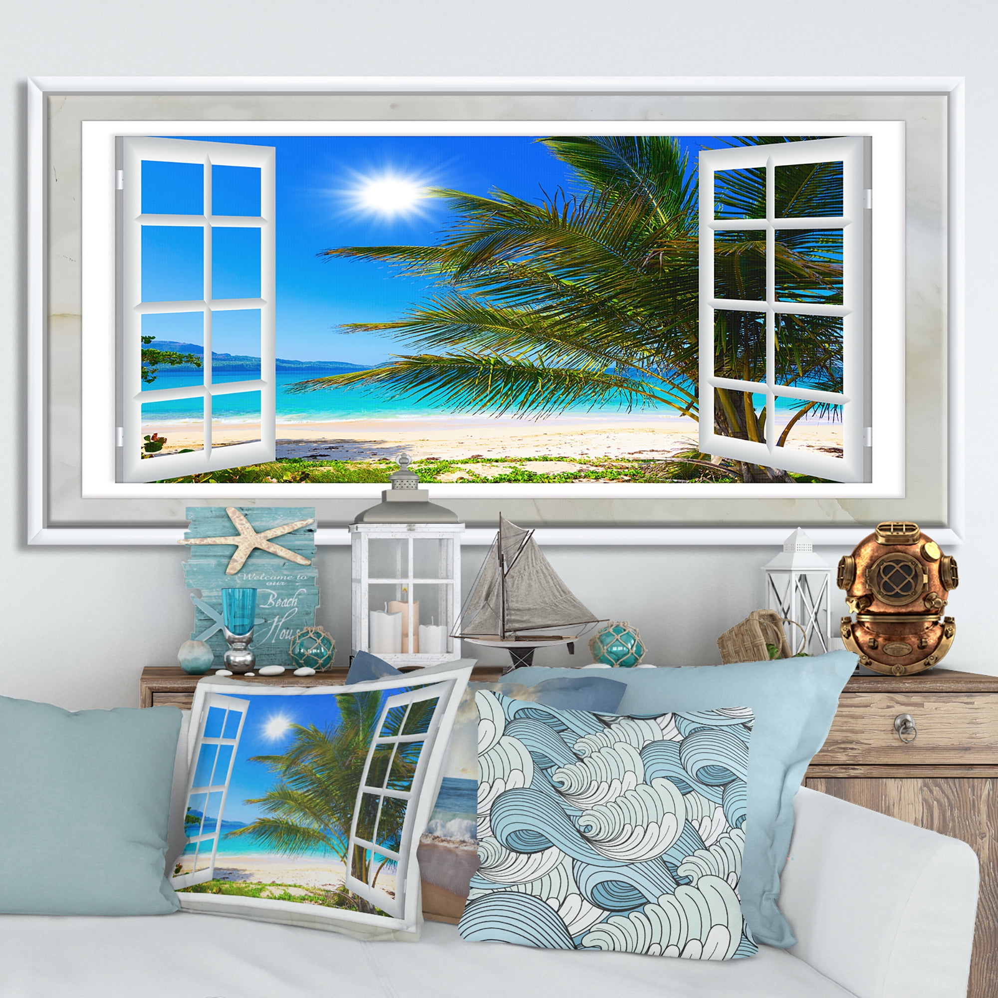 Designart ' Window Open to Beach with Palm ' Extra Large Seashore Framed Canvas Art