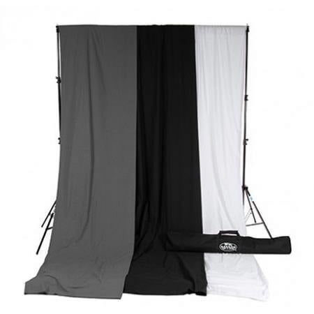 UPC: 0731409543453 | 10×12  Accent Muslin Background Kit with Port-A-Stand  White/Gray/Black