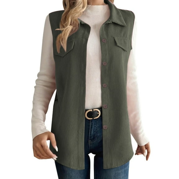 Womens Corduroy Vests Ribbed Collared Lightweight Casual Sleeveless Button Down Outerwear Fall Vest Coat