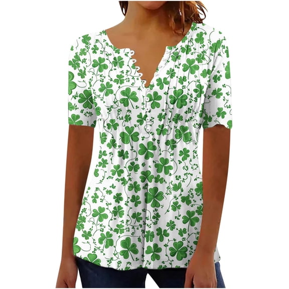 Blouses for Women Dressy Casual Summer,St Patricks Day Shirt Women Shamrock Short Sleeve Tops Casual Button V Neck Tunic Blouses Irish Green Outfits