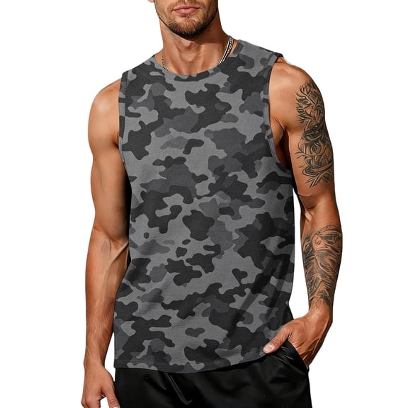 UDAUDU Men's Tank Top Cotton Casual Sleeveless Camo Shirt Lightweight Gym Workout Shirts Cooling Muscle Tee Shirt Dark Gray L
