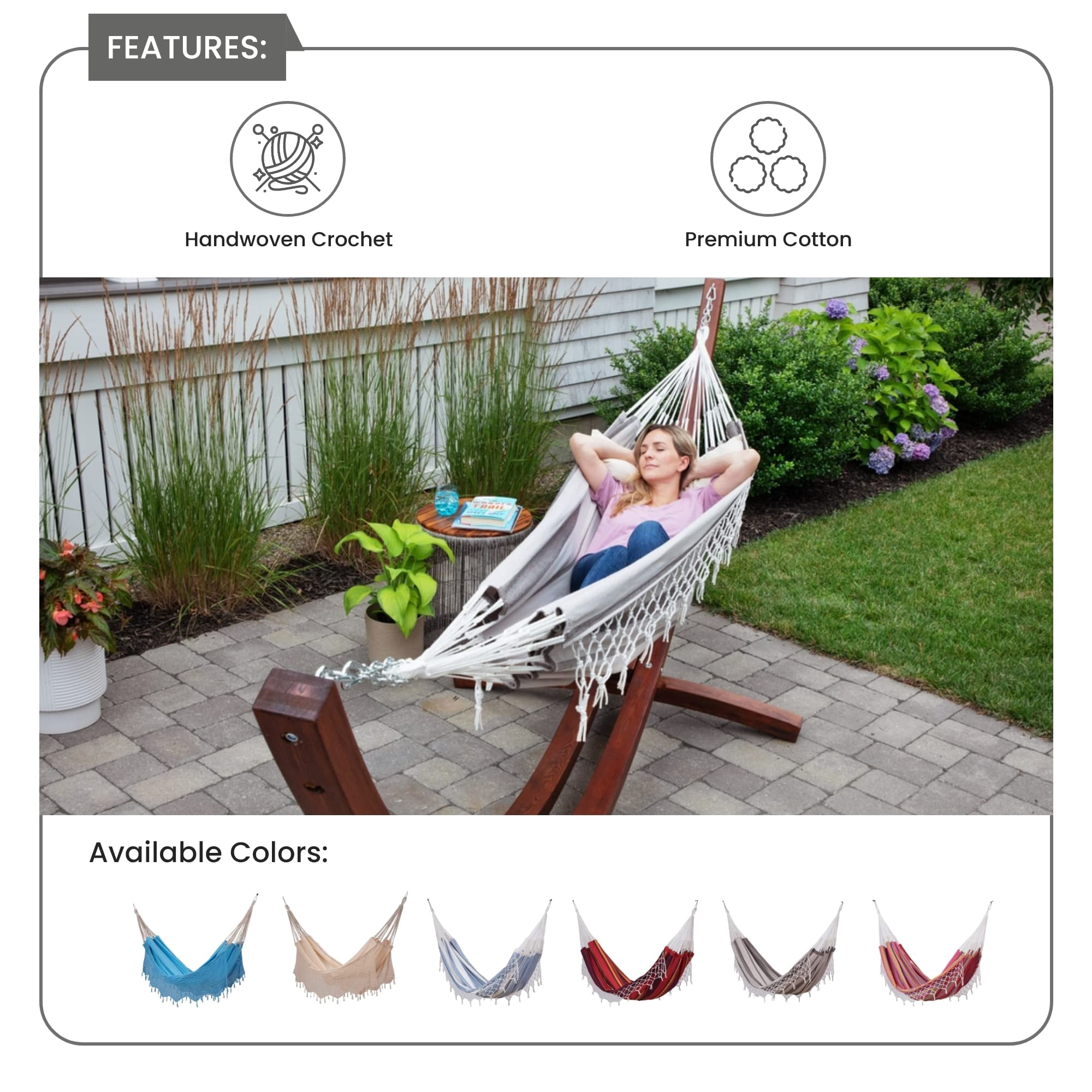 Sol Living Brazilian Patio Hammock Cotton Hammock Double Hammock for Two People Outdoor Patio Swing Chair Hand Woven Mayan Hammock Use Inside Outside Backyard Decor Porch Swing - Grey Stripes