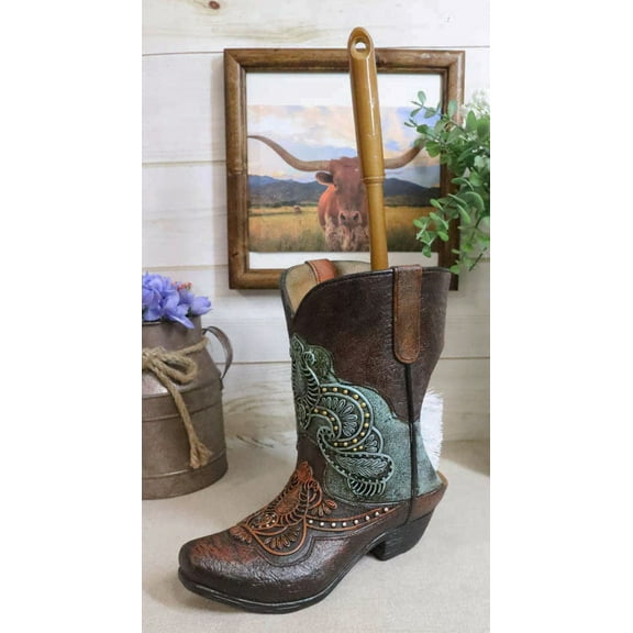 Western Turquoise Floral Tooled Leather Cowboy Boot Toilet Brush And Holder Set