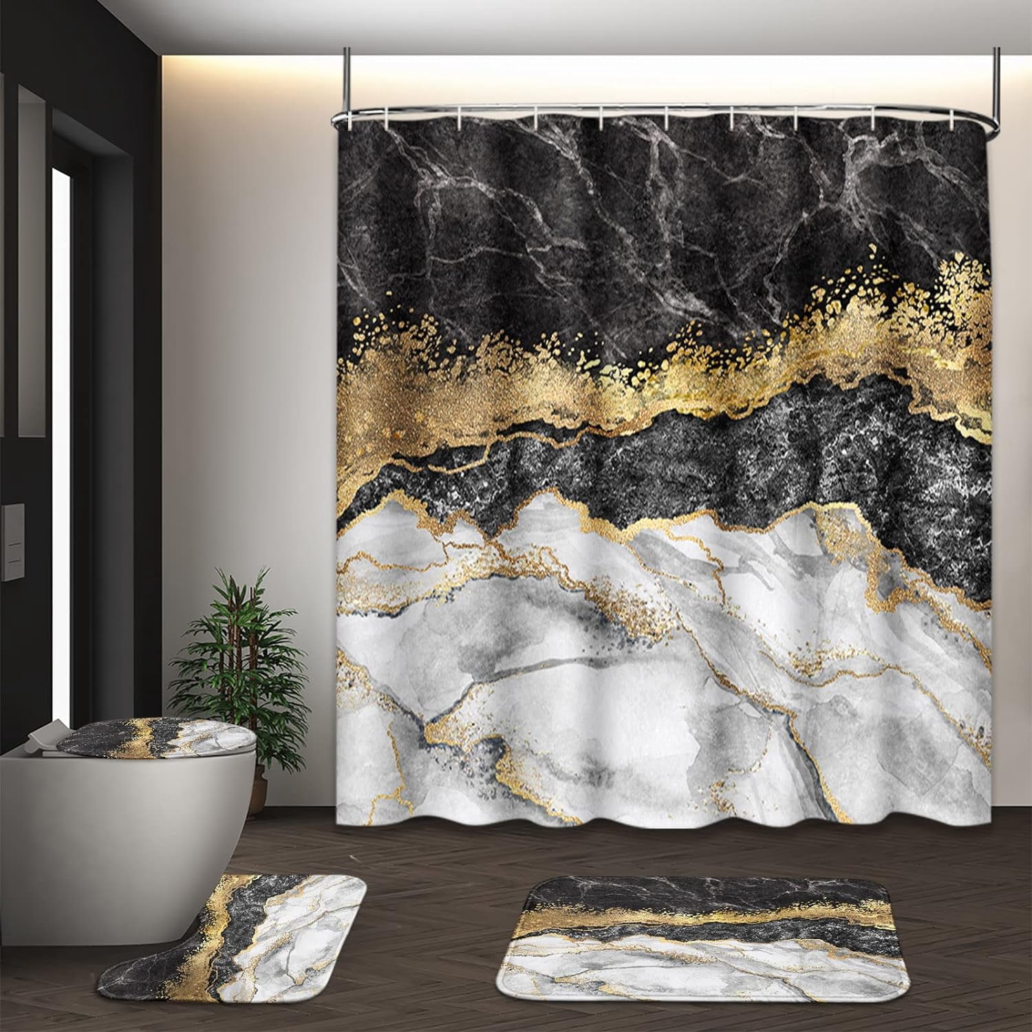 FRAMICS Black Gold Marble Shower Curtain Sets with Rugs, 16 Pc Modern Abstract Bathroom Sets, Waterproof Fabric Bathroom Curtain Decor with Hooks