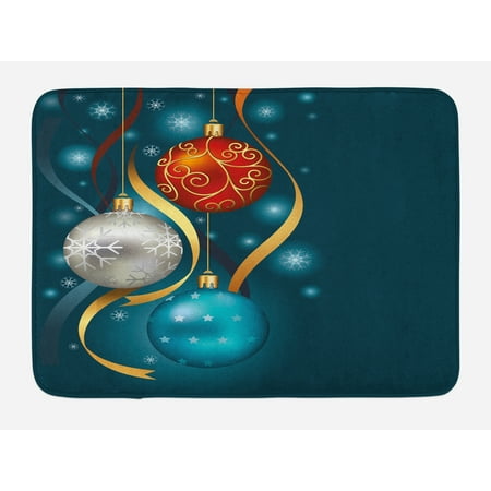 Classical Bath - Christmas Bath Mat, Vivid Classical Baubles with Ribbons and Different Patterns Abstract, Non-Slip Plush Mat Bathroom Kitchen Laundry Room Decor, 29.5 X 17.5 Inches, Petrol Blue Grey Red, Ambesonne