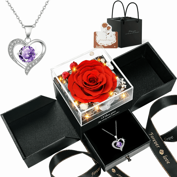 Forever Love Preserved Real Rose with Heart Necklace, Mothers Day Gifts for Mom, Wife, Anniversary Birthday Gifts for Women